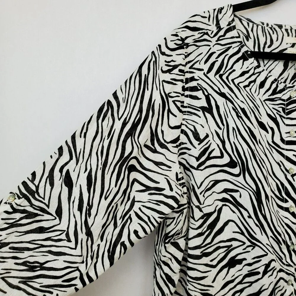 Cynthia Rowley Top Womens 2X Linen Zebra Animal Roll Tab Sleeves Button Front - Picture 3 of 10